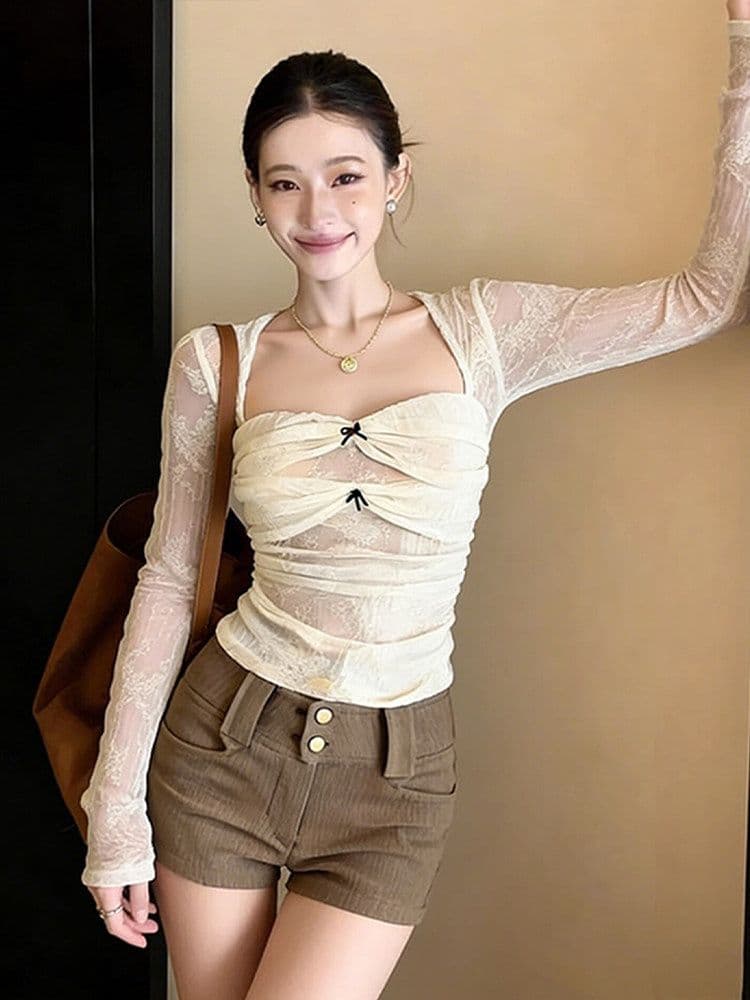 원본 원단 2026 가을 외국 가스 작은 대중 아니요 명중 셔츠 빛 럭셔리 고유 한 아름다운 연령 감소 화이트 레이스 티셔츠 여성 상세 이미지 3
