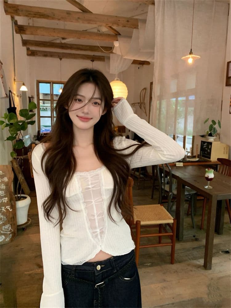 원본 원단 한 부서 레이스 긴팔 티셔츠 여성 한 부서 순수한 욕망 핫걸 바람 몸매 가꾸기 슬림해 보이는 쇼트 스타일 만나는 맨위 이미지 3