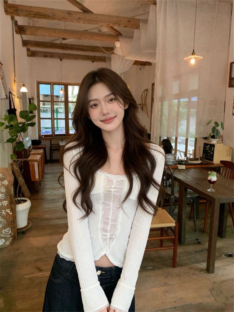 원본 원단 한 부서 레이스 긴팔 티셔츠 여성 한 부서 순수한 욕망 핫걸 바람 몸매 가꾸기 슬림해 보이는 쇼트 스타일 만나는 맨위 상세 이미지 4