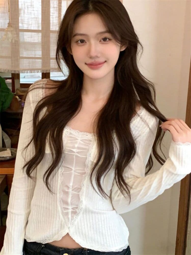 원본 원단 한 부서 레이스 긴팔 티셔츠 여성 한 부서 순수한 욕망 핫걸 바람 몸매 가꾸기 슬림해 보이는 쇼트 스타일 만나는 맨위 상세 이미지 5