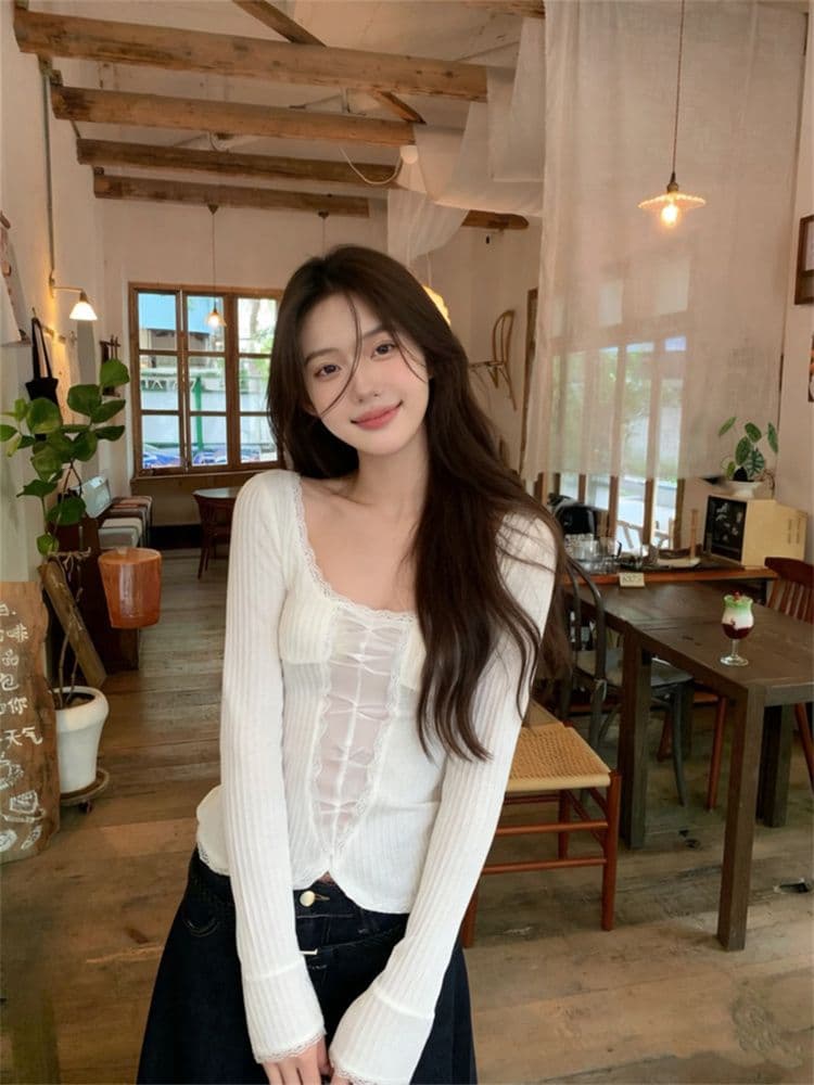 원본 원단 한 부서 레이스 긴팔 티셔츠 여성 한 부서 순수한 욕망 핫걸 바람 몸매 가꾸기 슬림해 보이는 쇼트 스타일 만나는 맨위 상세 이미지 7