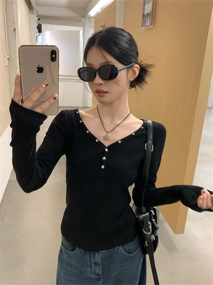 원본 원단 징 검정색 V넥 인사이드 가져 가라. 긴팔 티셔츠 여성 가을 핫걸 몸매 가꾸기 수 있습니다. 외출용 만나는 맨위 이미지 3