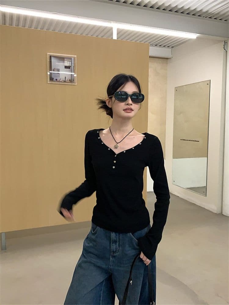 원본 원단 징 검정색 V넥 인사이드 가져 가라. 긴팔 티셔츠 여성 가을 핫걸 몸매 가꾸기 수 있습니다. 외출용 만나는 맨위 상세 이미지 3