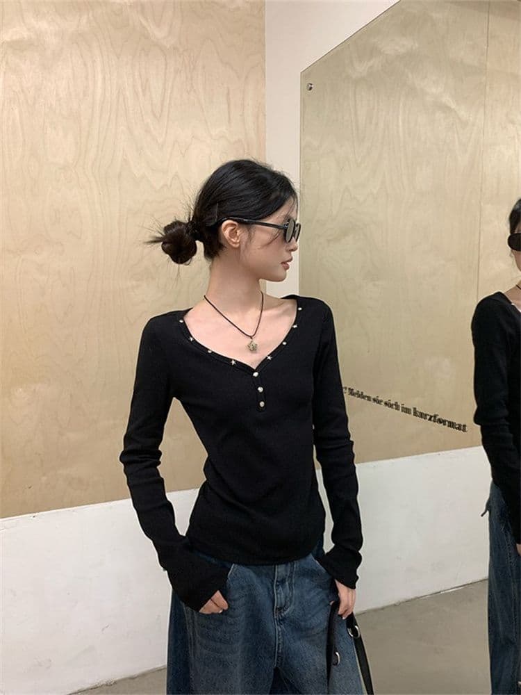 원본 원단 징 검정색 V넥 인사이드 가져 가라. 긴팔 티셔츠 여성 가을 핫걸 몸매 가꾸기 수 있습니다. 외출용 만나는 맨위 상세 이미지 10