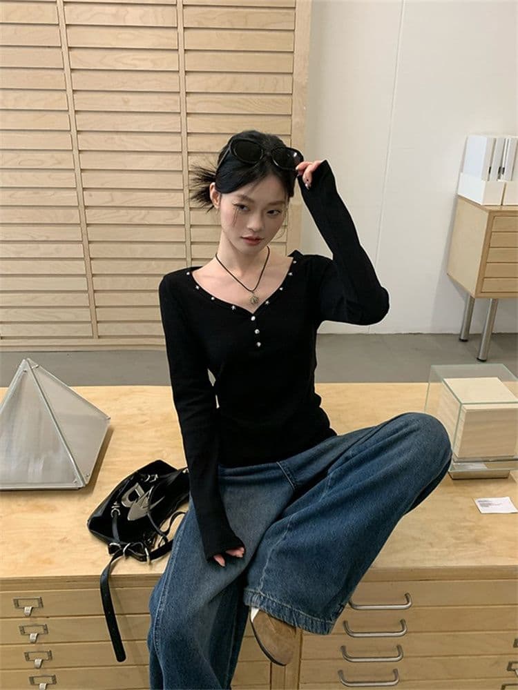 원본 원단 징 검정색 V넥 인사이드 가져 가라. 긴팔 티셔츠 여성 가을 핫걸 몸매 가꾸기 수 있습니다. 외출용 만나는 맨위 상세 이미지 11