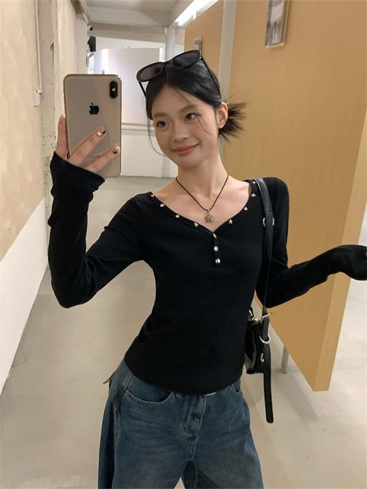원본 원단 징 검정색 V넥 인사이드 가져 가라. 긴팔 티셔츠 여성 가을 핫걸 몸매 가꾸기 수 있습니다. 외출용 만나는 맨위 상세 이미지 12