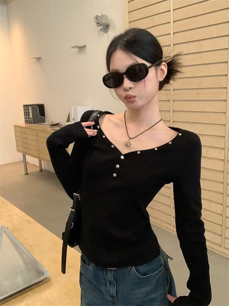 원본 원단 징 검정색 V넥 인사이드 가져 가라. 긴팔 티셔츠 여성 가을 핫걸 몸매 가꾸기 수 있습니다. 외출용 만나는 맨위 상세 이미지 13