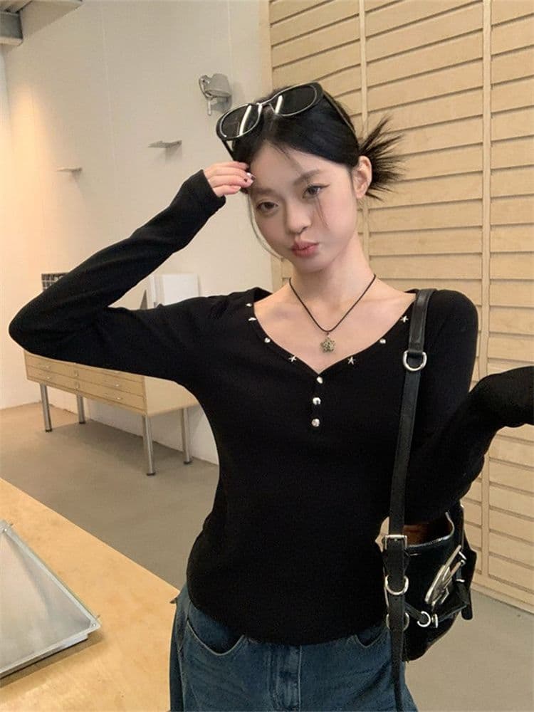원본 원단 징 검정색 V넥 인사이드 가져 가라. 긴팔 티셔츠 여성 가을 핫걸 몸매 가꾸기 수 있습니다. 외출용 만나는 맨위 상세 이미지 15