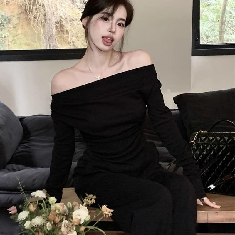 De 플러시 220 그램 오프숄더 기본 셔츠 가을 겨울 매운맛 표지 배 허리 수축 슬림해 보이는 불규칙 긴팔 맨위 이미지 3