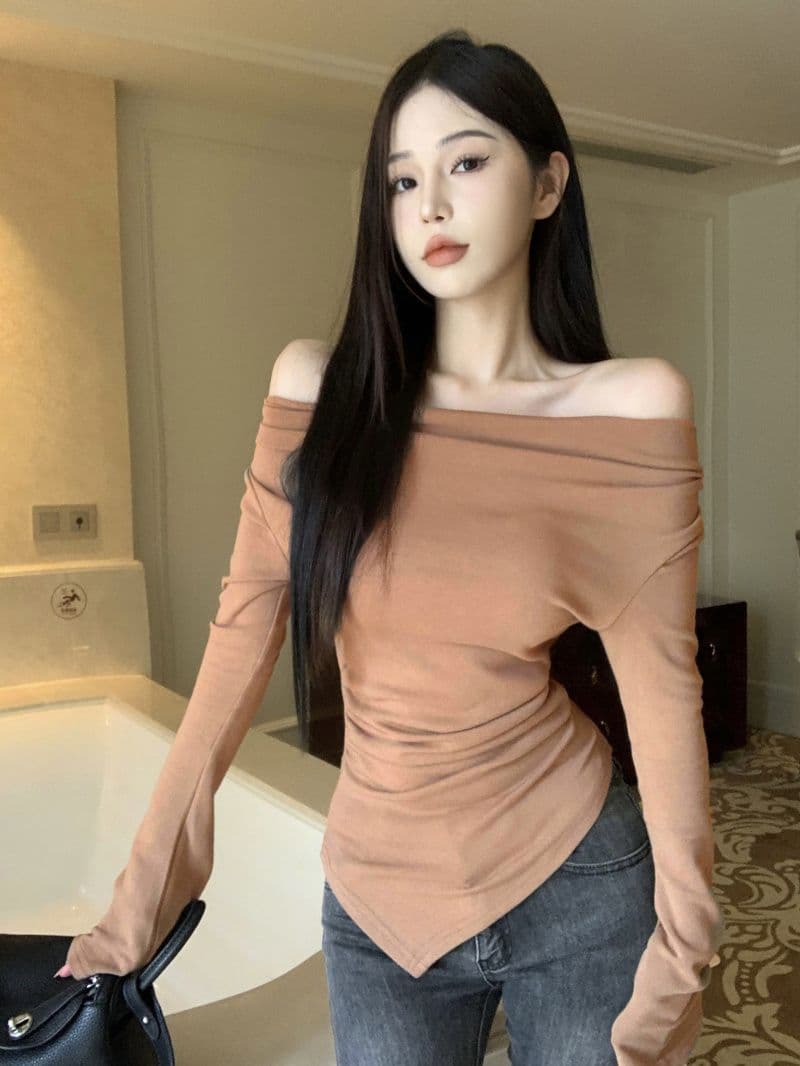 De 플러시 220 그램 오프숄더 기본 셔츠 가을 겨울 매운맛 표지 배 허리 수축 슬림해 보이는 불규칙 긴팔 맨위 상세 이미지 3