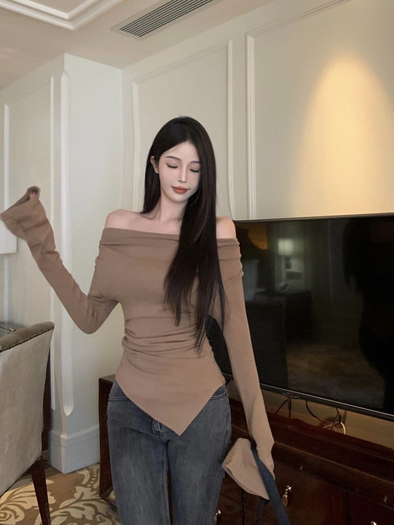 De 플러시 220 그램 오프숄더 기본 셔츠 가을 겨울 매운맛 표지 배 허리 수축 슬림해 보이는 불규칙 긴팔 맨위 상세 이미지 9