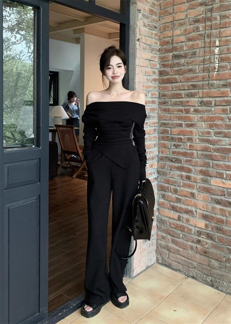 De 플러시 220 그램 오프숄더 기본 셔츠 가을 겨울 매운맛 표지 배 허리 수축 슬림해 보이는 불규칙 긴팔 맨위 상세 이미지 17