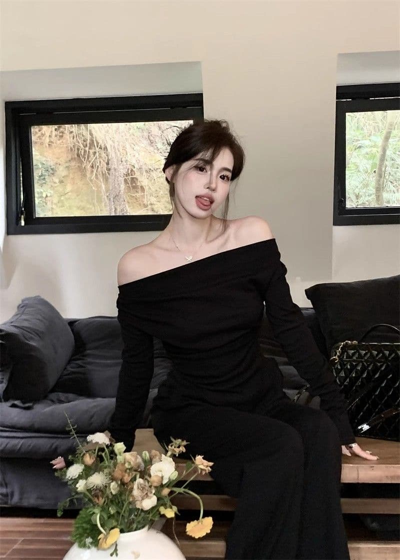 De 플러시 220 그램 오프숄더 기본 셔츠 가을 겨울 매운맛 표지 배 허리 수축 슬림해 보이는 불규칙 긴팔 맨위 상세 이미지 18