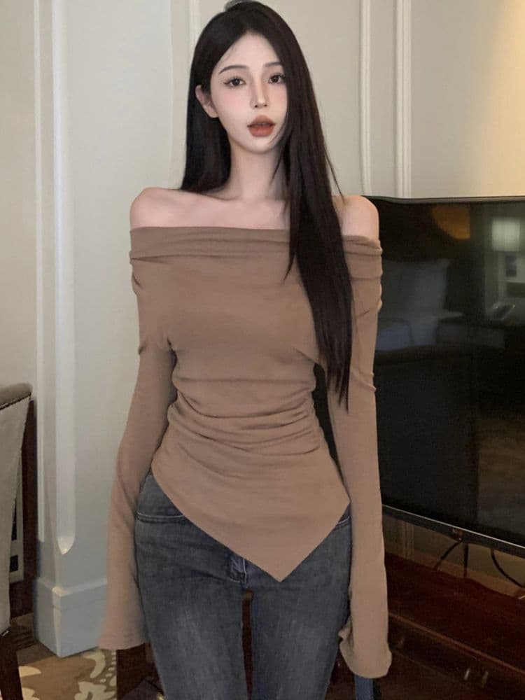De 플러시 220 그램 오프숄더 기본 셔츠 가을 겨울 매운맛 표지 배 허리 수축 슬림해 보이는 불규칙 긴팔 맨위 상세 이미지 22