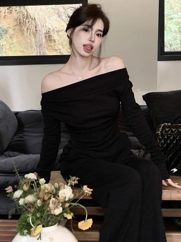 De 플러시 220 그램 오프숄더 기본 셔츠 가을 겨울 매운맛 표지 배 허리 수축 슬림해 보이는 불규칙 긴팔 맨위 상세 이미지 25