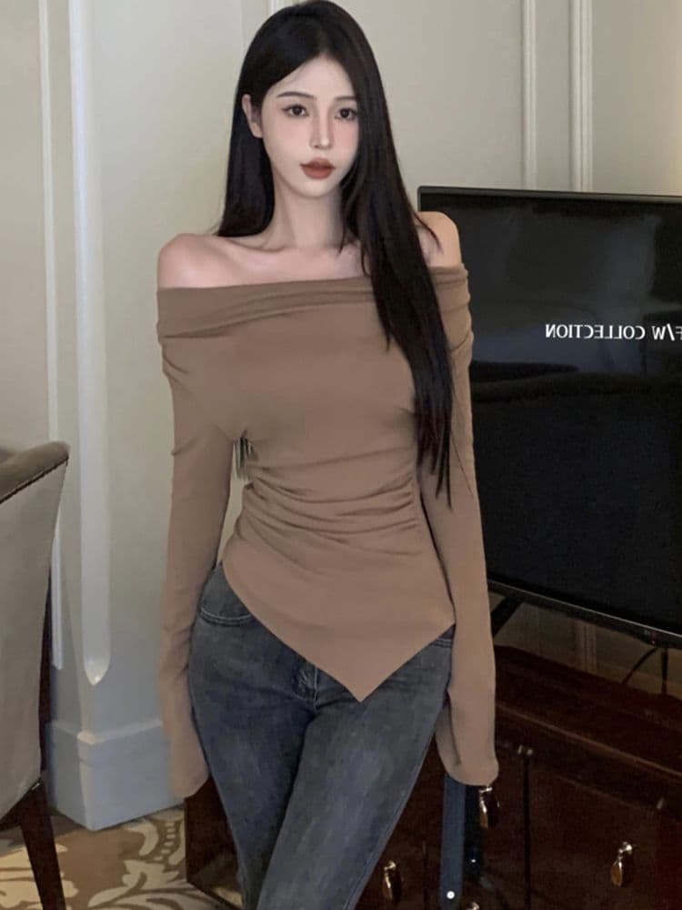 De 플러시 220 그램 오프숄더 기본 셔츠 가을 겨울 매운맛 표지 배 허리 수축 슬림해 보이는 불규칙 긴팔 맨위 상세 이미지 26