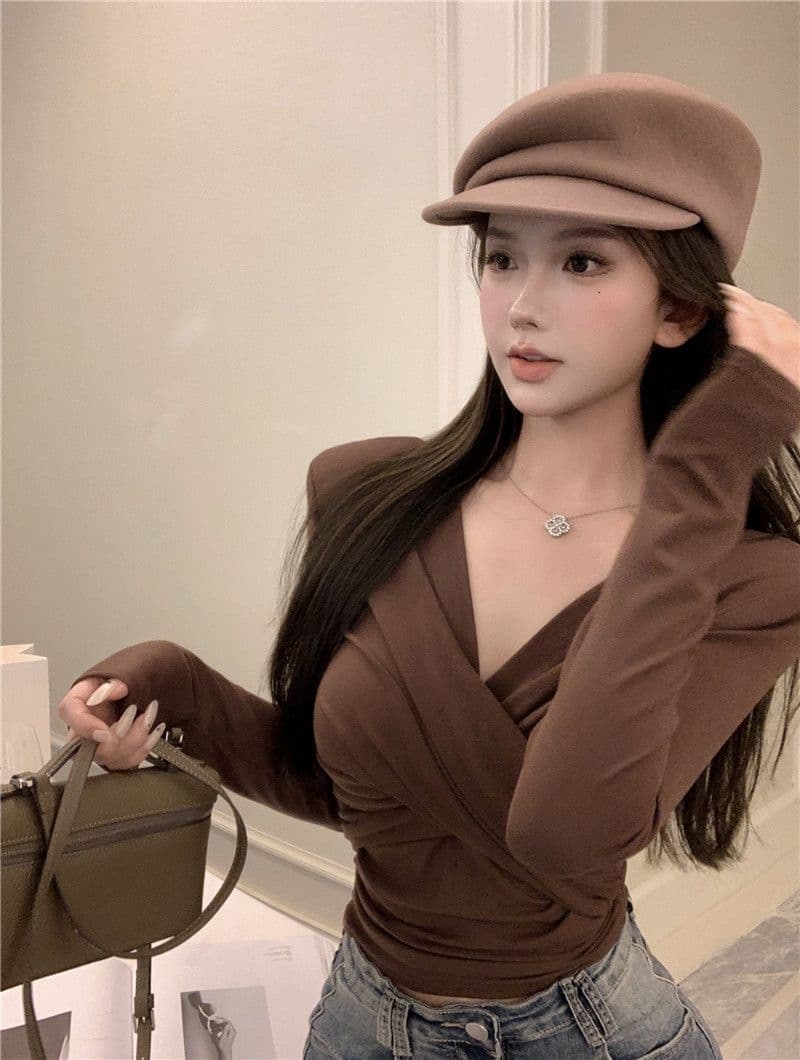 40 모달 260 그램 사람들 면 십자가 V넥 긴팔 티셔츠 여성 부드러운 바람 주름 쇼트 스타일 맨위