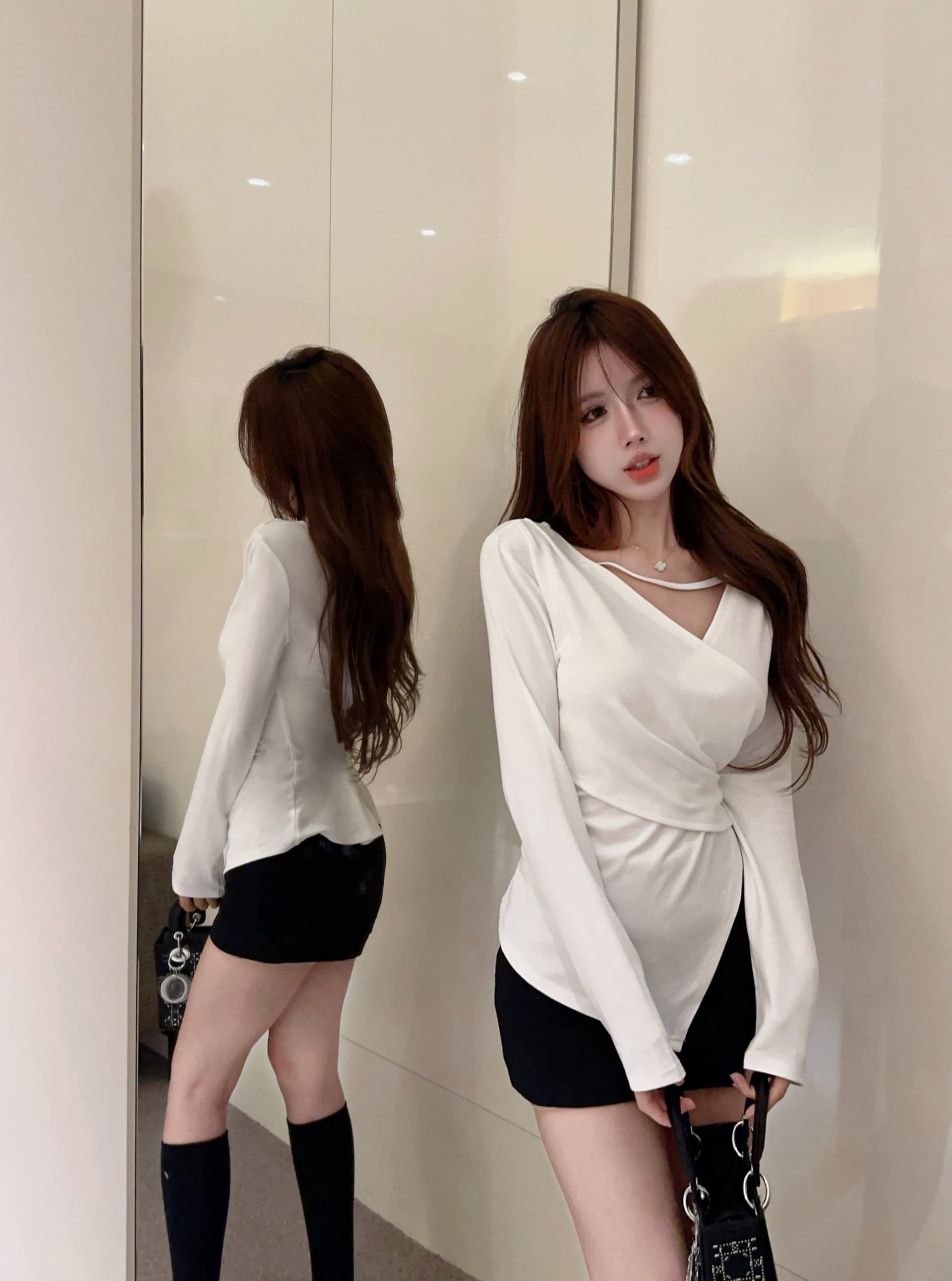 경관 그림 40 모달 260 그램 사람들 면 십자가 V넥 긴팔 티셔츠 쇼트 스타일 불규칙 어깨 패드 맨위 상세 이미지 14