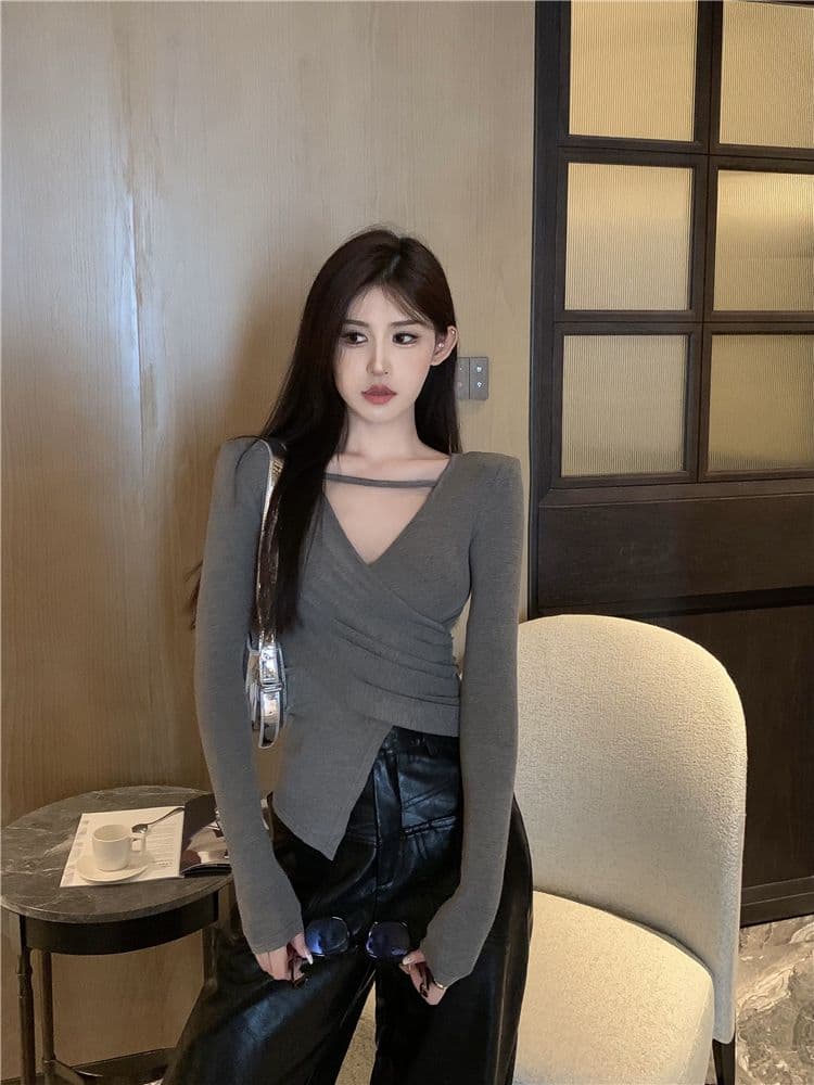 경관 그림 40 모달 260 그램 사람들 면 십자가 V넥 긴팔 티셔츠 쇼트 스타일 불규칙 어깨 패드 맨위 상세 이미지 33
