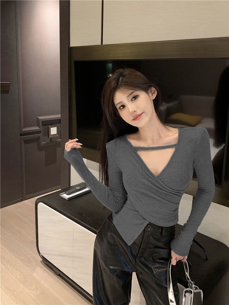경관 그림 40 모달 260 그램 사람들 면 십자가 V넥 긴팔 티셔츠 쇼트 스타일 불규칙 어깨 패드 맨위 상세 이미지 40