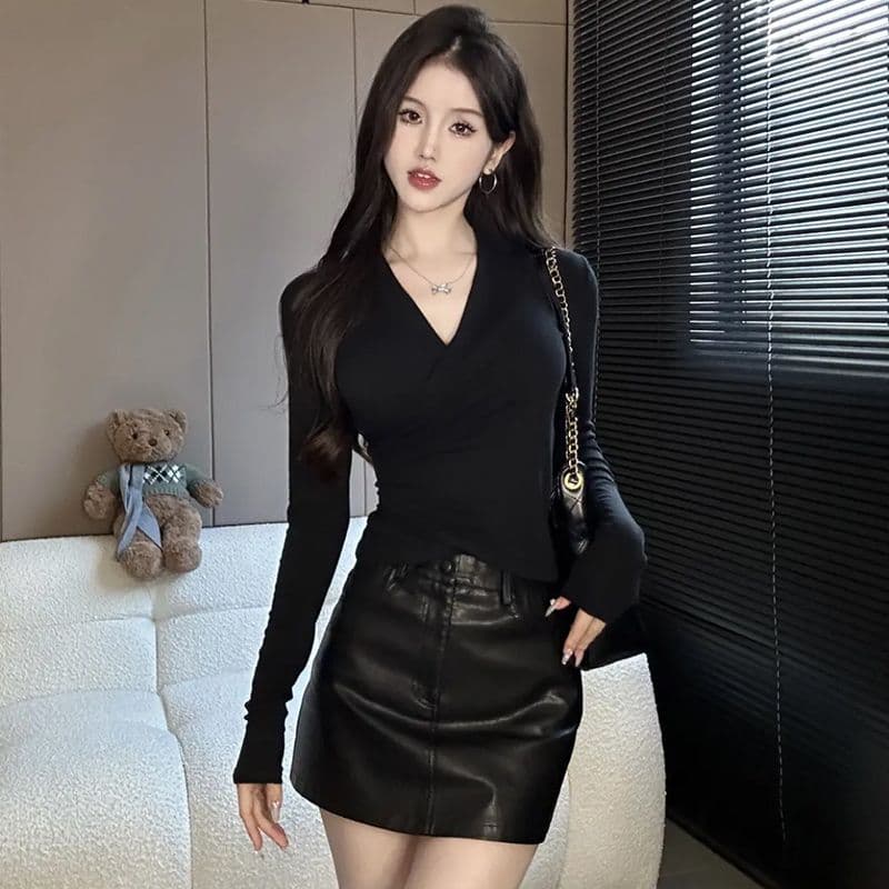 40 모달 260 그램 사람들 면 긴팔 티셔츠 순수한 욕망 V넥 십자가 허리 수축 슬림해 보이는 외국 가스 맨위 이미지 2
