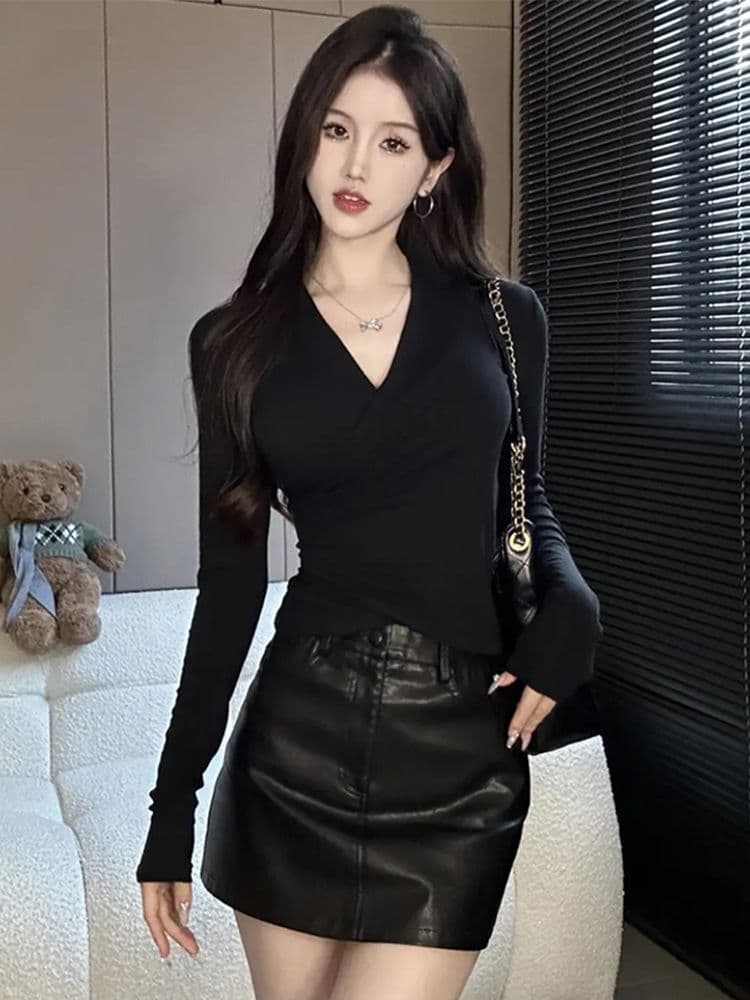 40 모달 260 그램 사람들 면 긴팔 티셔츠 순수한 욕망 V넥 십자가 허리 수축 슬림해 보이는 외국 가스 맨위 상세 이미지 4