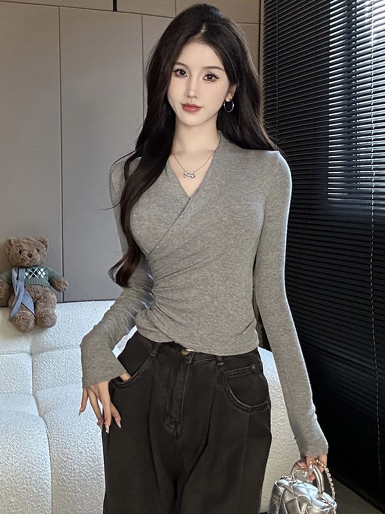 40 모달 260 그램 사람들 면 긴팔 티셔츠 순수한 욕망 V넥 십자가 허리 수축 슬림해 보이는 외국 가스 맨위 상세 이미지 5