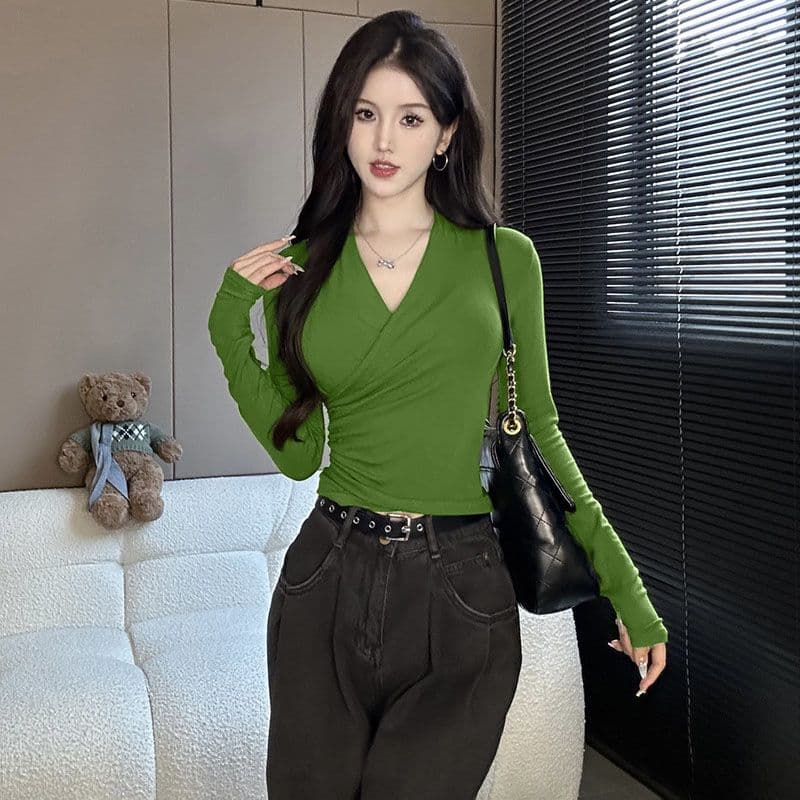 40 모달 260 그램 사람들 면 긴팔 티셔츠 순수한 욕망 V넥 십자가 허리 수축 슬림해 보이는 외국 가스 맨위 상세 이미지 6