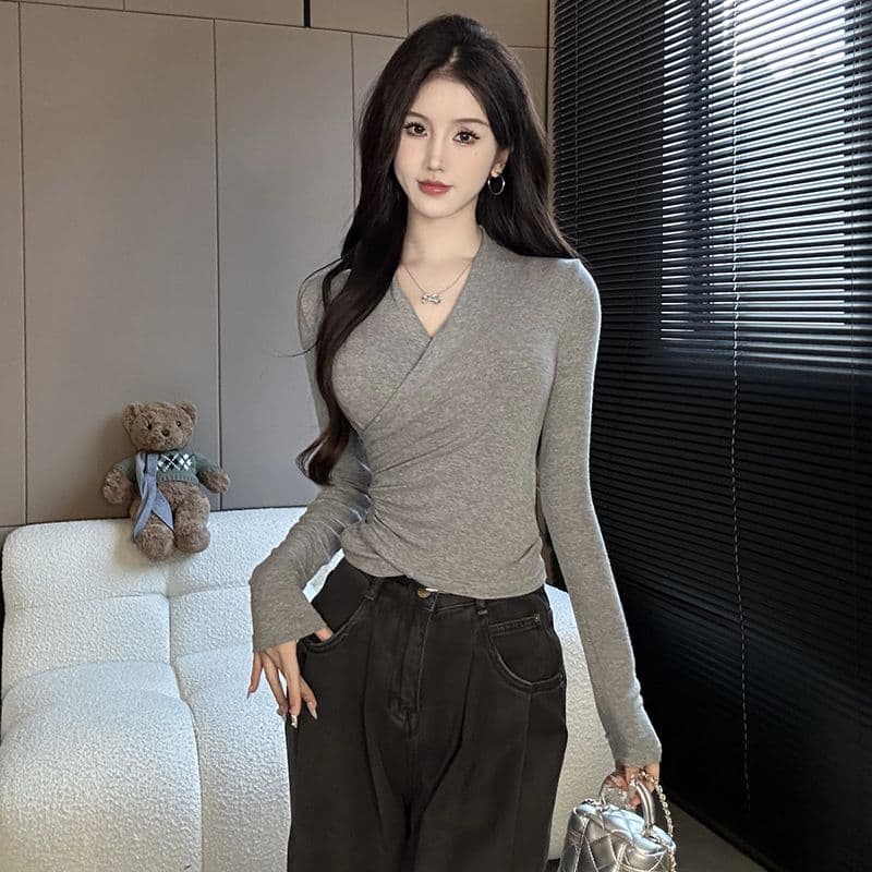 40 모달 260 그램 사람들 면 긴팔 티셔츠 순수한 욕망 V넥 십자가 허리 수축 슬림해 보이는 외국 가스 맨위 상세 이미지 18