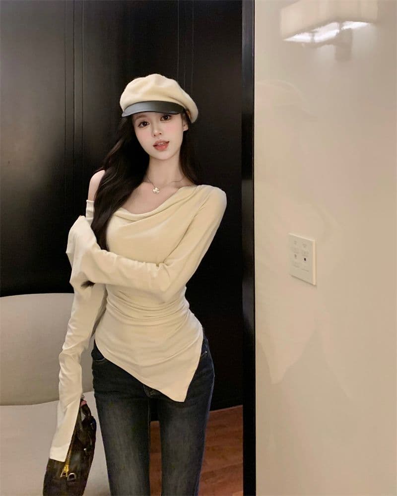 경관 그림 40 모달 260 그램 사람들 면 불규칙 荡荡 칼라 긴팔 티셔츠 쇄골 오프숄더 맨위