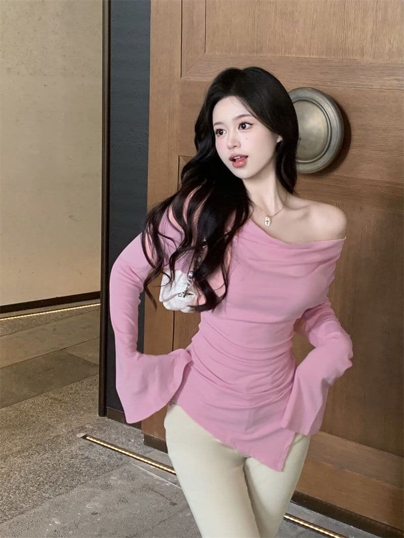 경관 그림 40 모달 260 그램 사람들 면 불규칙 荡荡 칼라 긴팔 티셔츠 쇄골 오프숄더 맨위 이미지 3