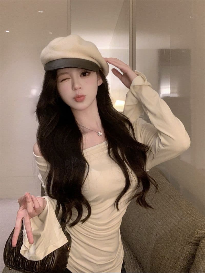 경관 그림 40 모달 260 그램 사람들 면 불규칙 荡荡 칼라 긴팔 티셔츠 쇄골 오프숄더 맨위 상세 이미지 2