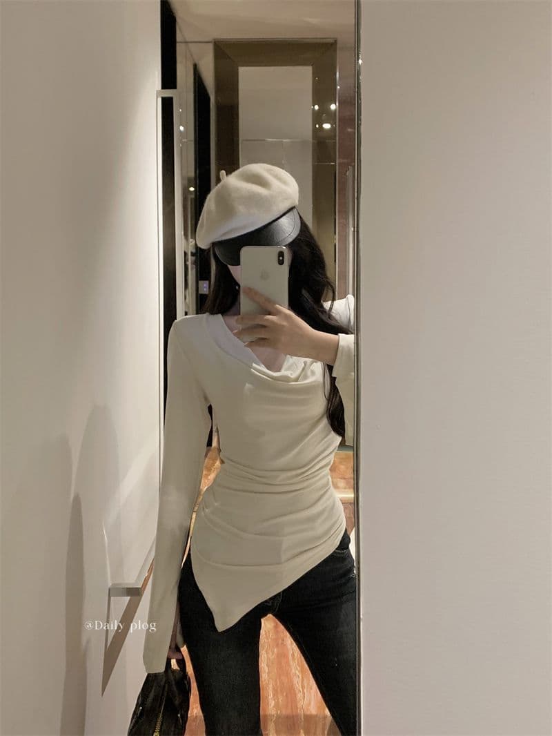 경관 그림 40 모달 260 그램 사람들 면 불규칙 荡荡 칼라 긴팔 티셔츠 쇄골 오프숄더 맨위 상세 이미지 3