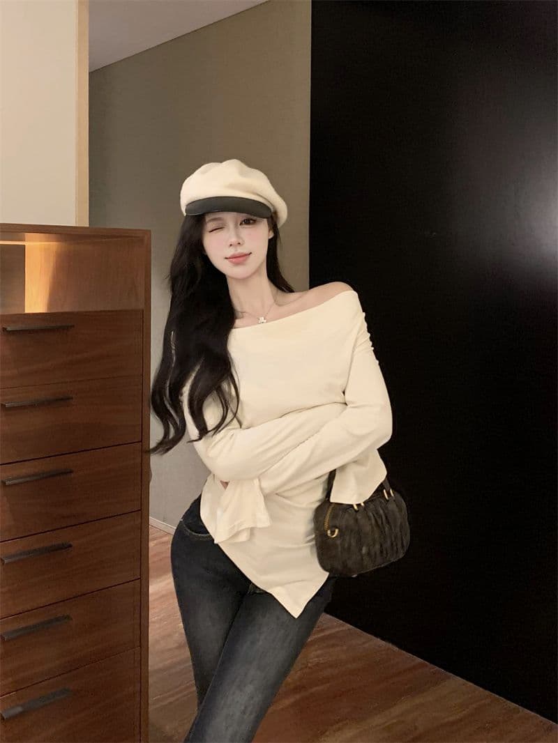 경관 그림 40 모달 260 그램 사람들 면 불규칙 荡荡 칼라 긴팔 티셔츠 쇄골 오프숄더 맨위 상세 이미지 4