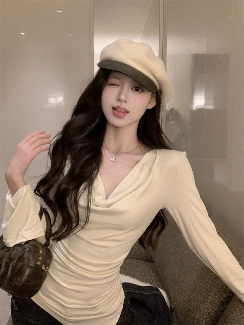 경관 그림 40 모달 260 그램 사람들 면 불규칙 荡荡 칼라 긴팔 티셔츠 쇄골 오프숄더 맨위 상세 이미지 5