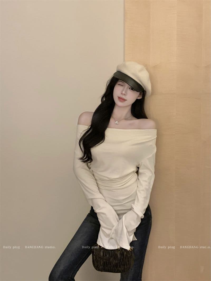경관 그림 40 모달 260 그램 사람들 면 불규칙 荡荡 칼라 긴팔 티셔츠 쇄골 오프숄더 맨위 상세 이미지 6