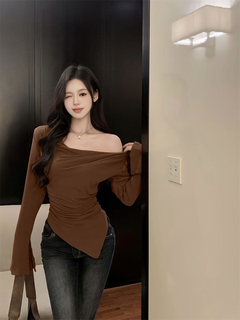 경관 그림 40 모달 260 그램 사람들 면 불규칙 荡荡 칼라 긴팔 티셔츠 쇄골 오프숄더 맨위 상세 이미지 8