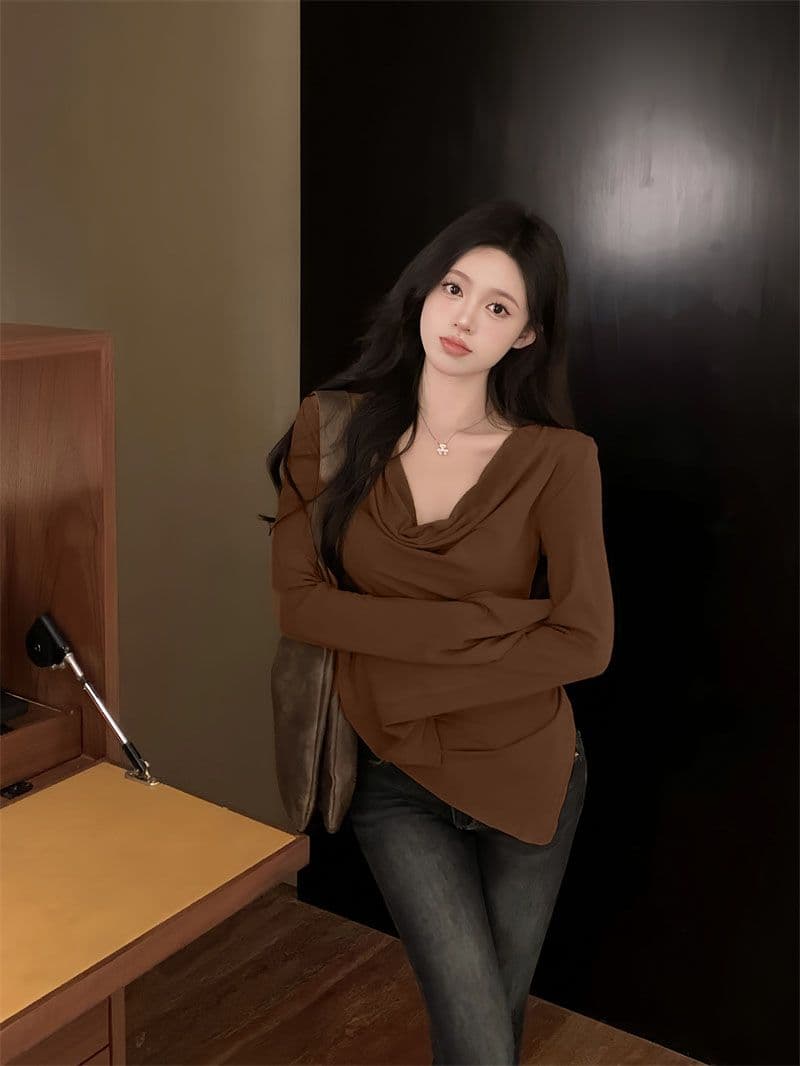 경관 그림 40 모달 260 그램 사람들 면 불규칙 荡荡 칼라 긴팔 티셔츠 쇄골 오프숄더 맨위 상세 이미지 10