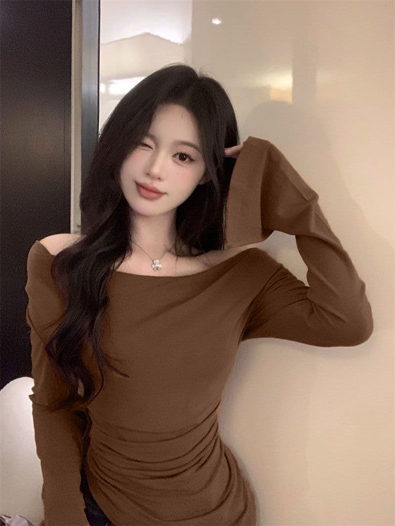 경관 그림 40 모달 260 그램 사람들 면 불규칙 荡荡 칼라 긴팔 티셔츠 쇄골 오프숄더 맨위 상세 이미지 11