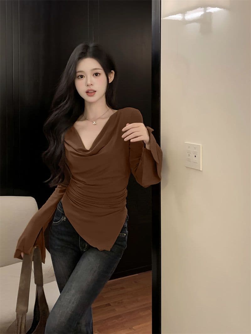 경관 그림 40 모달 260 그램 사람들 면 불규칙 荡荡 칼라 긴팔 티셔츠 쇄골 오프숄더 맨위 상세 이미지 12