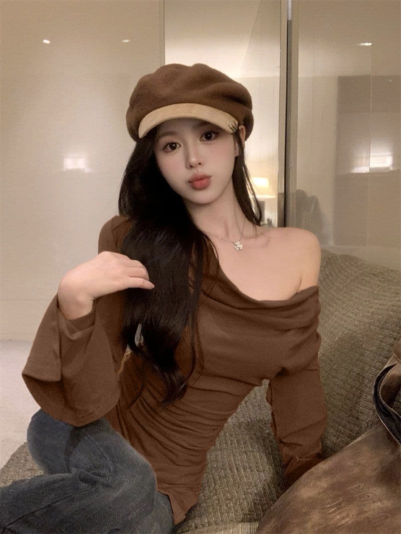 경관 그림 40 모달 260 그램 사람들 면 불규칙 荡荡 칼라 긴팔 티셔츠 쇄골 오프숄더 맨위 상세 이미지 13