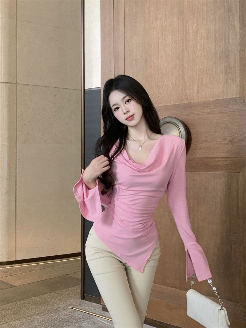 경관 그림 40 모달 260 그램 사람들 면 불규칙 荡荡 칼라 긴팔 티셔츠 쇄골 오프숄더 맨위 상세 이미지 17