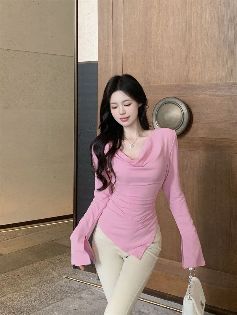 경관 그림 40 모달 260 그램 사람들 면 불규칙 荡荡 칼라 긴팔 티셔츠 쇄골 오프숄더 맨위 상세 이미지 18