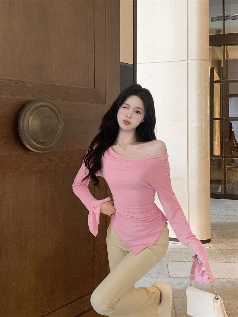 경관 그림 40 모달 260 그램 사람들 면 불규칙 荡荡 칼라 긴팔 티셔츠 쇄골 오프숄더 맨위 상세 이미지 19