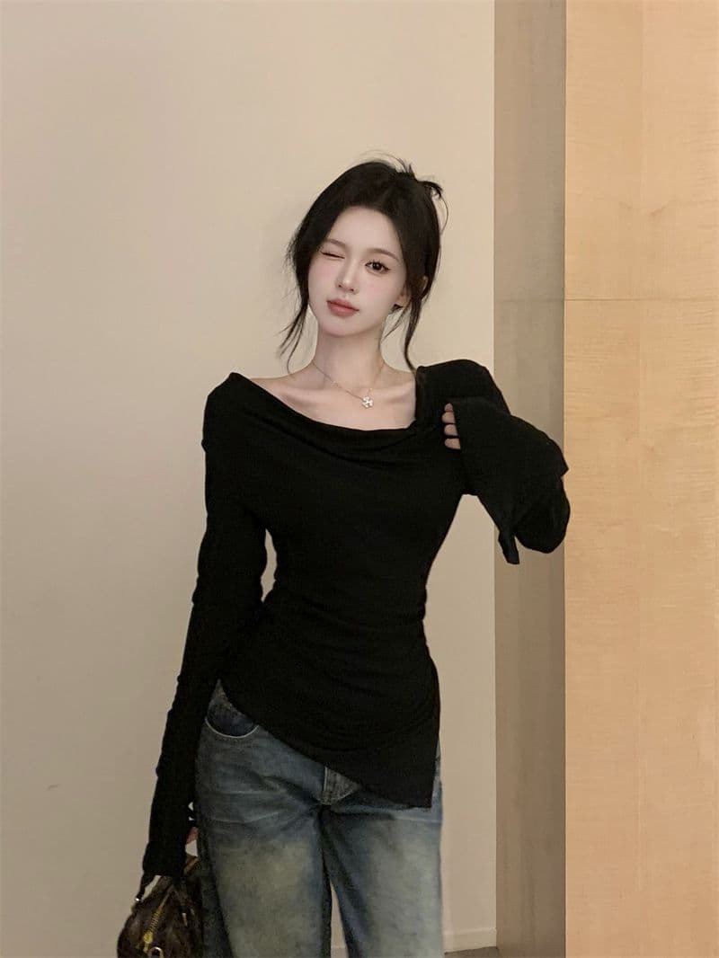 경관 그림 40 모달 260 그램 사람들 면 불규칙 荡荡 칼라 긴팔 티셔츠 쇄골 오프숄더 맨위 상세 이미지 20