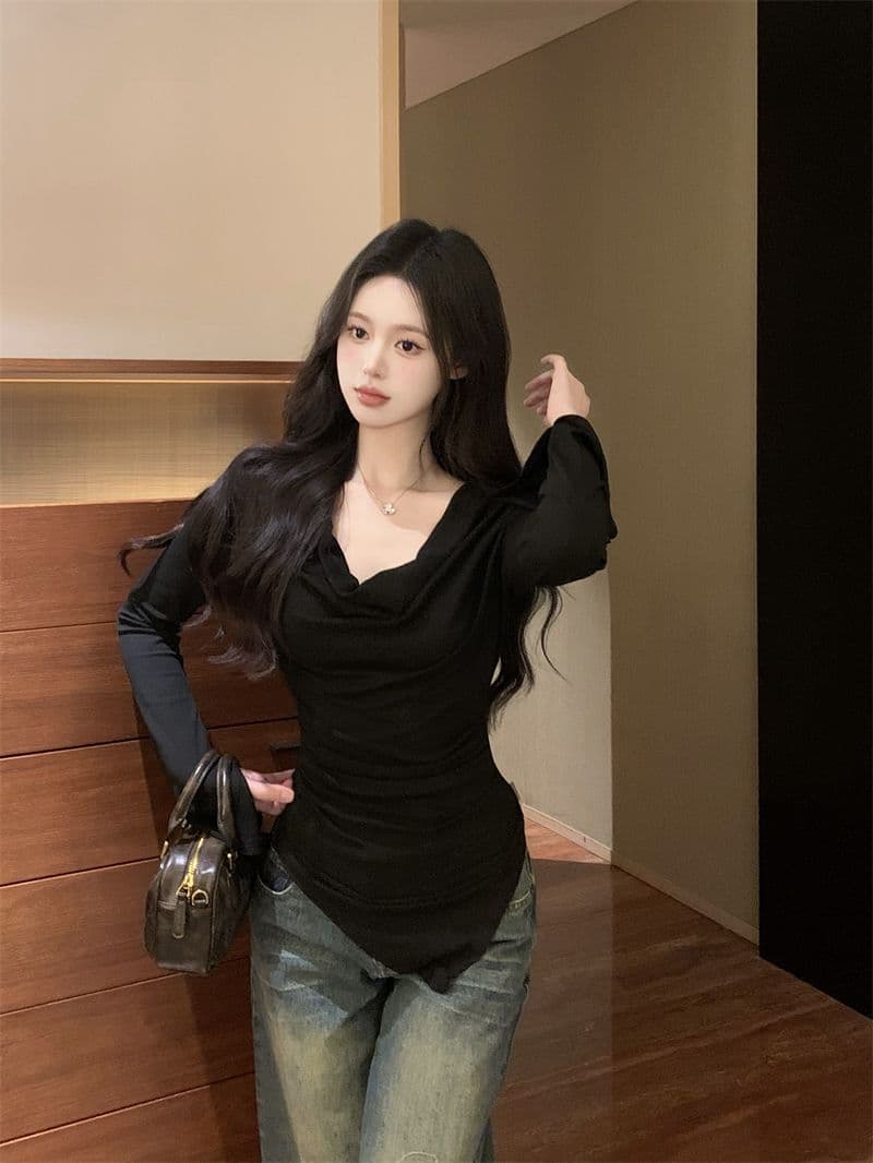 경관 그림 40 모달 260 그램 사람들 면 불규칙 荡荡 칼라 긴팔 티셔츠 쇄골 오프숄더 맨위 상세 이미지 21