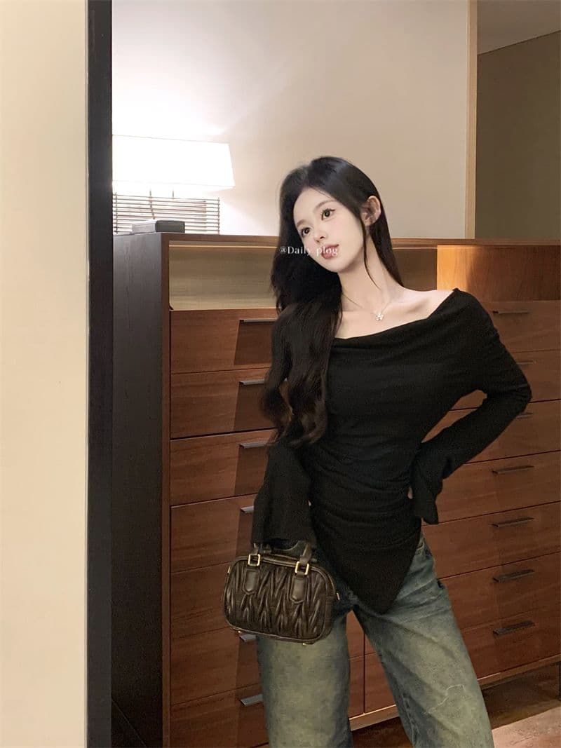 경관 그림 40 모달 260 그램 사람들 면 불규칙 荡荡 칼라 긴팔 티셔츠 쇄골 오프숄더 맨위 상세 이미지 22