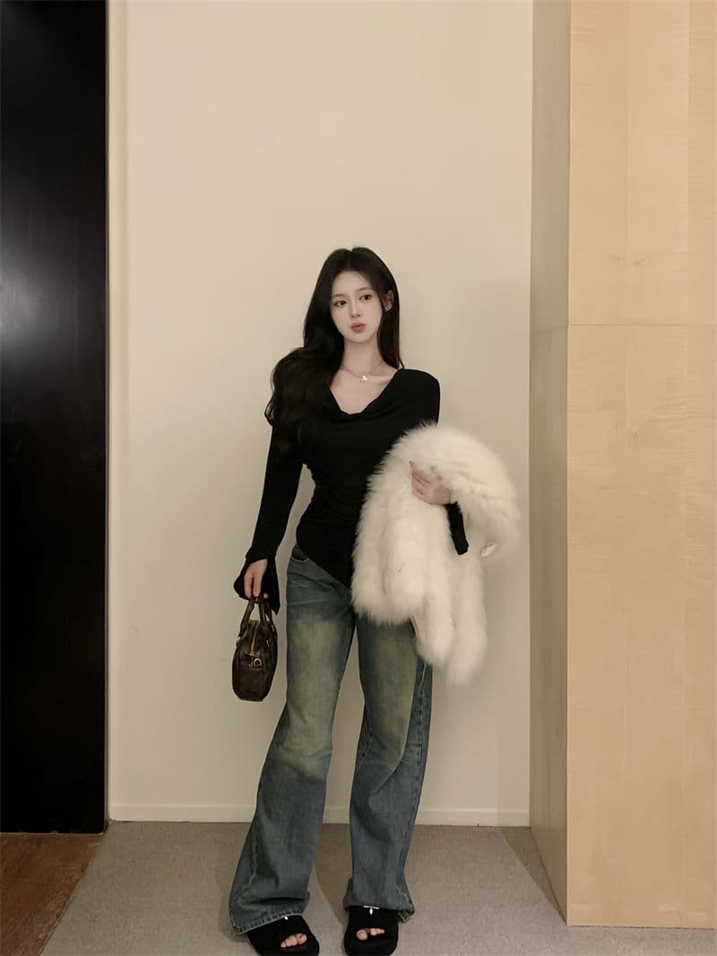 경관 그림 40 모달 260 그램 사람들 면 불규칙 荡荡 칼라 긴팔 티셔츠 쇄골 오프숄더 맨위 상세 이미지 23