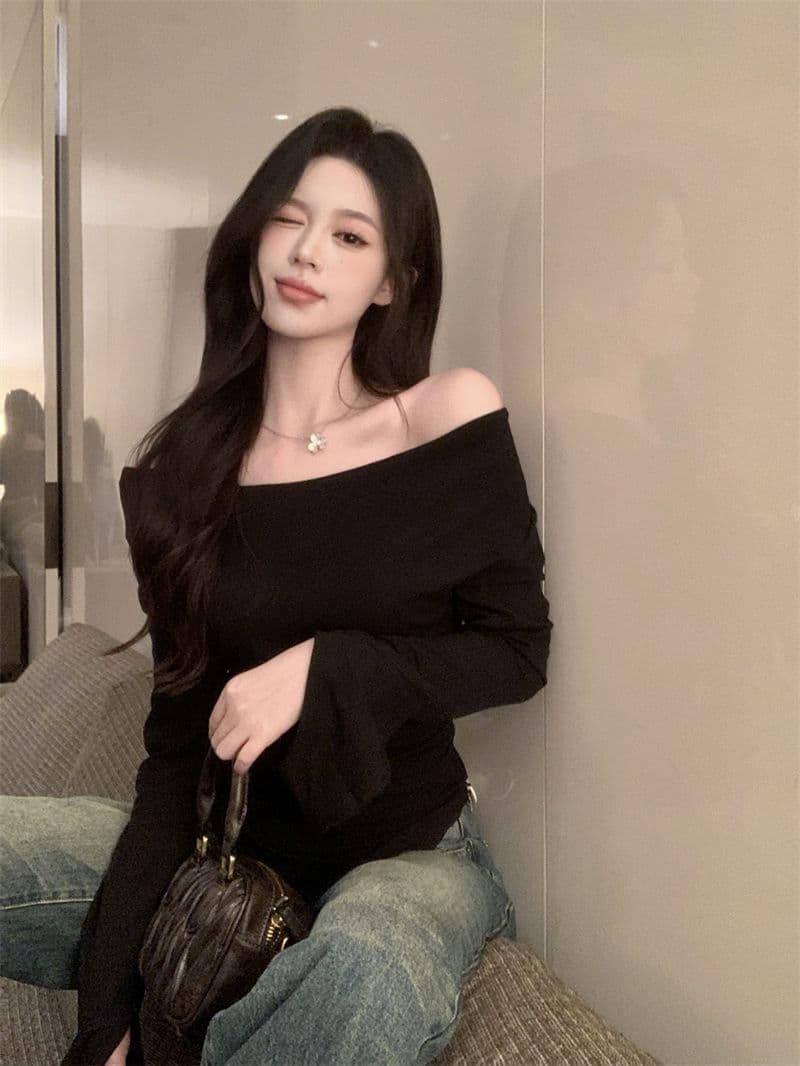 경관 그림 40 모달 260 그램 사람들 면 불규칙 荡荡 칼라 긴팔 티셔츠 쇄골 오프숄더 맨위 상세 이미지 24