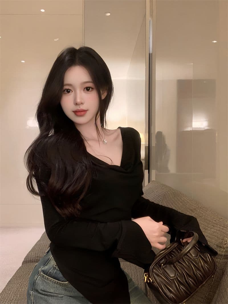 경관 그림 40 모달 260 그램 사람들 면 불규칙 荡荡 칼라 긴팔 티셔츠 쇄골 오프숄더 맨위 상세 이미지 25